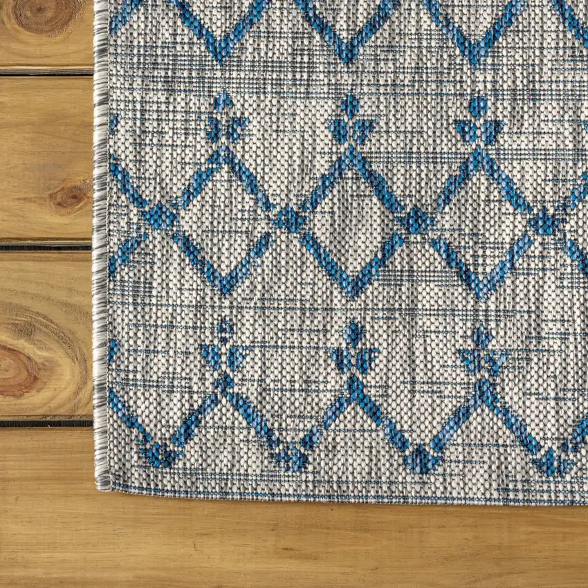 20' Light Gray And Navy Blue Trellis Indoor Outdoor Runner Rug Photo 6