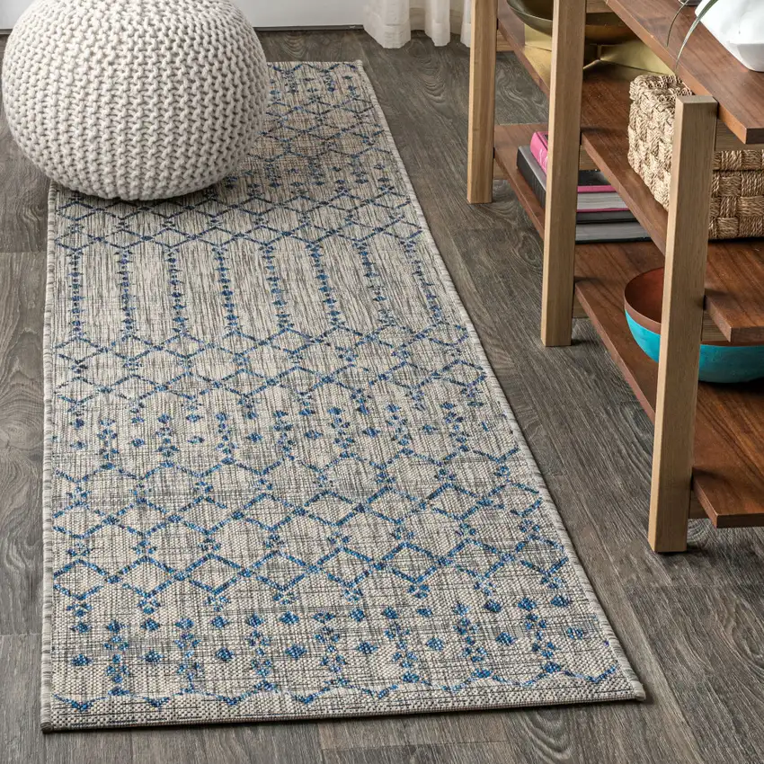 20' Light Gray And Navy Blue Trellis Indoor Outdoor Runner Rug Photo 4