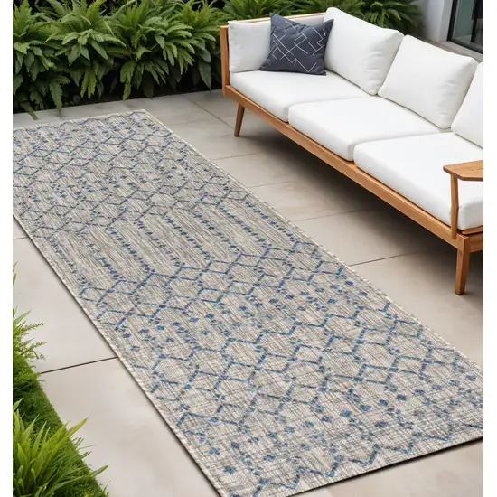 8' Light Gray And Navy Blue Trellis Indoor Outdoor Runner Rug Photo 1