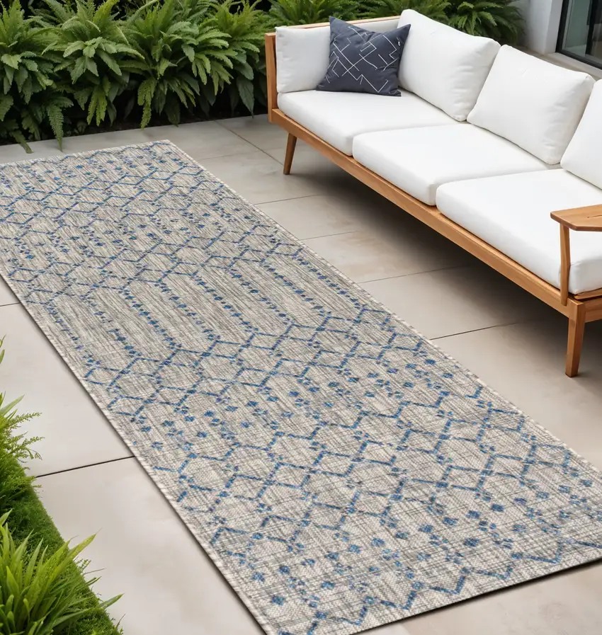 8' Light Gray And Navy Blue Trellis Indoor Outdoor Runner Rug Photo 1