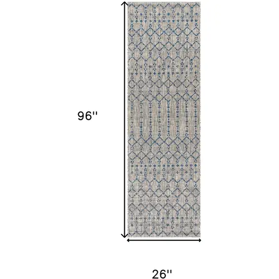 8' Light Gray And Navy Blue Trellis Indoor Outdoor Runner Rug Photo 5