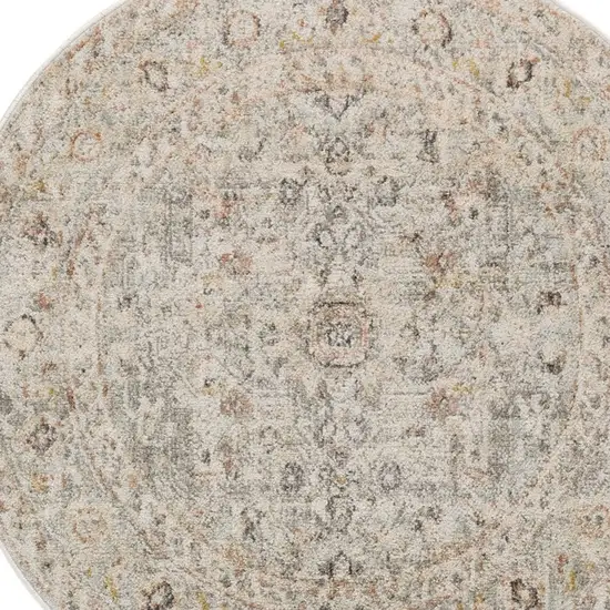 4' Light Gray Black And Yellow Floral Distressed Round Rug Photo 7