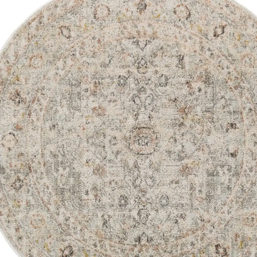 4' Light Gray Black And Yellow Floral Distressed Round Rug Photo 7