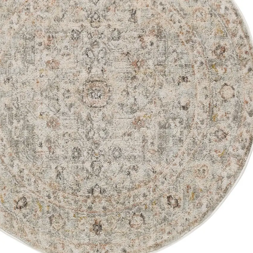 8' Light Gray Black And Yellow Floral Distressed Round Rug Photo 7