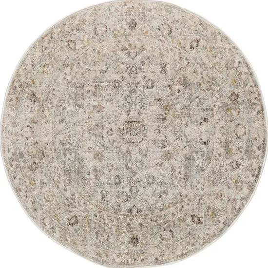 8' Light Gray Black And Yellow Floral Distressed Round Rug Photo 2