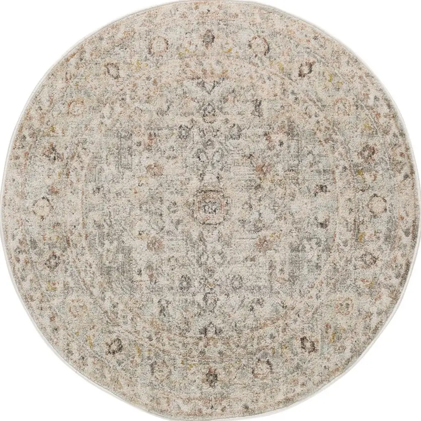 8' Light Gray Black And Yellow Floral Distressed Round Rug Photo 2