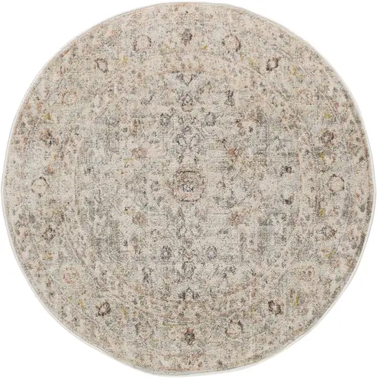 8' Light Gray Black And Yellow Floral Distressed Round Rug Photo 3