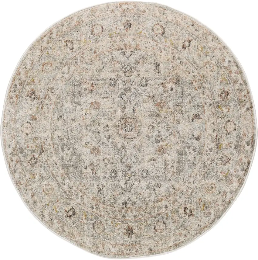 8' Light Gray Black And Yellow Floral Distressed Round Rug Photo 3