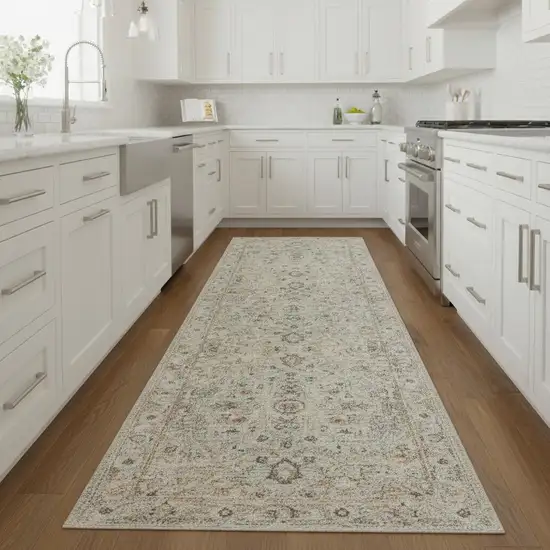 8' Light Gray Black And Yellow Floral Distressed Runner Rug Photo 1