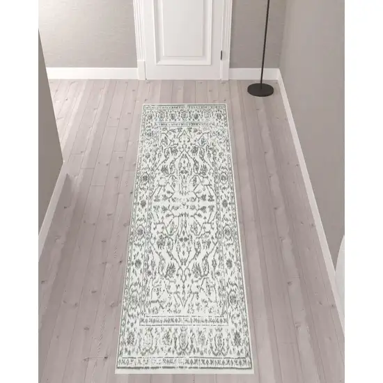 10' Light Gray Floral Power Loom Runner Rug With Fringe Photo 2