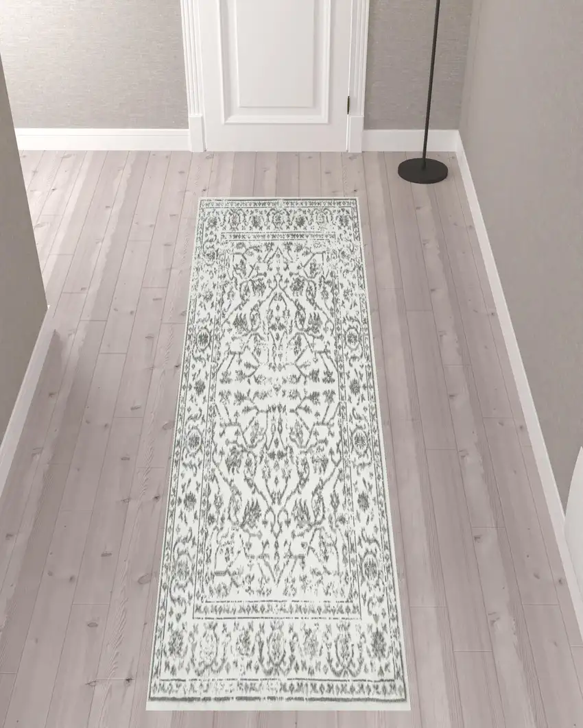 10' Light Gray Floral Power Loom Runner Rug With Fringe Photo 2
