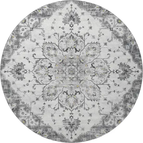 8' Light Gray Ivory And Gold Floral Medallion Washable Round Rug With UV Protection Photo 5