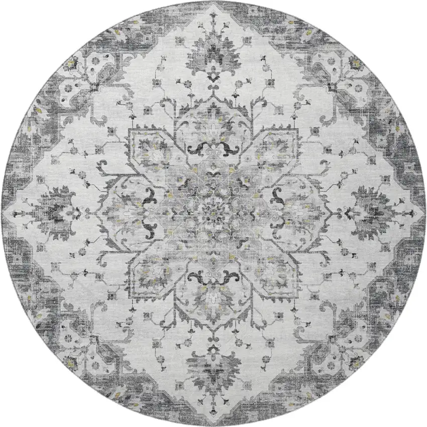 8' Light Gray Ivory And Gold Floral Medallion Washable Round Rug With UV Protection Photo 5