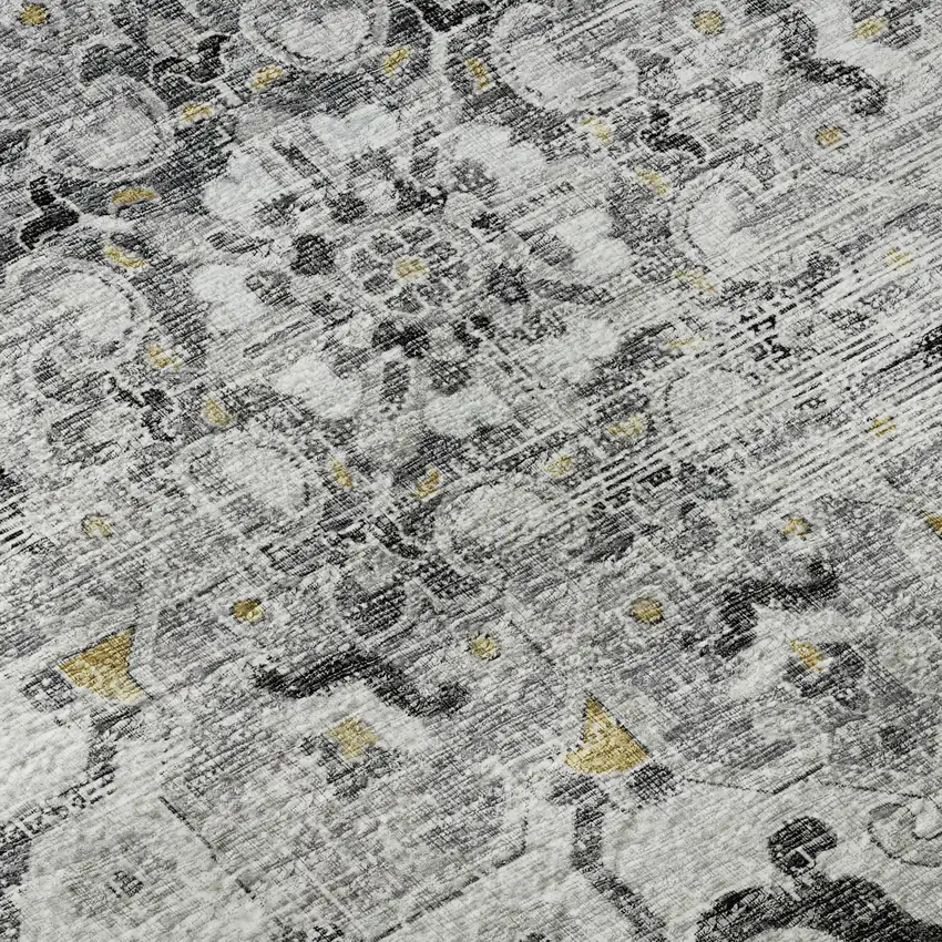 8' Light Gray Ivory And Gold Floral Medallion Washable Round Rug With UV Protection Photo 9