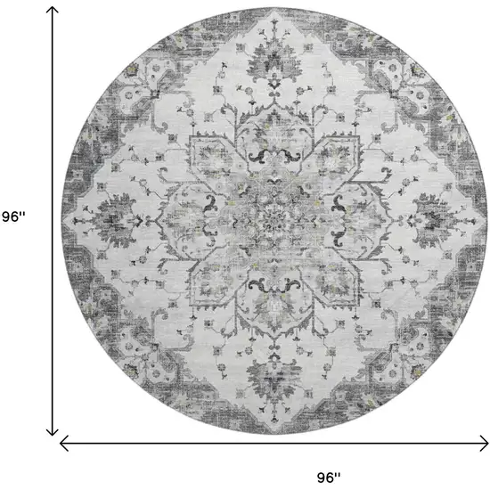 8' Light Gray Ivory And Gold Floral Medallion Washable Round Rug With UV Protection Photo 3