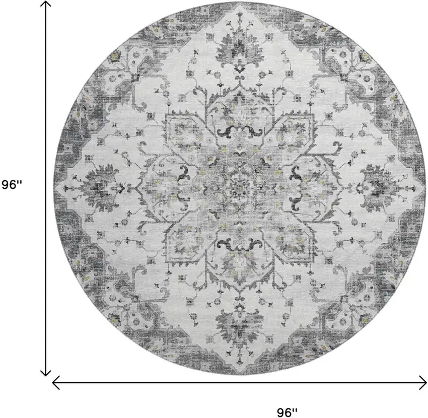 8' Light Gray Ivory And Gold Floral Medallion Washable Round Rug With UV Protection Photo 3