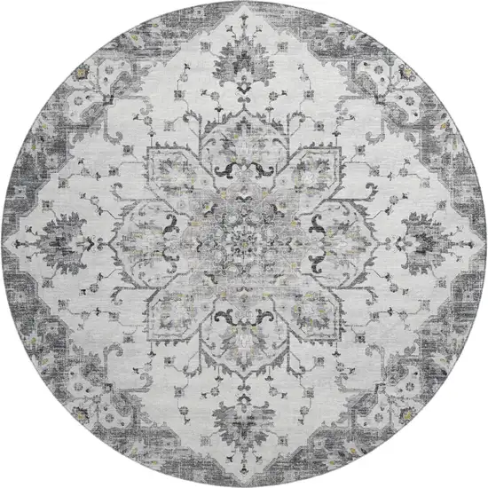 8' Light Gray Ivory And Gold Floral Medallion Washable Round Rug With UV Protection Photo 2