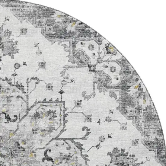 8' Light Gray Ivory And Gold Floral Medallion Washable Round Rug With UV Protection Photo 4