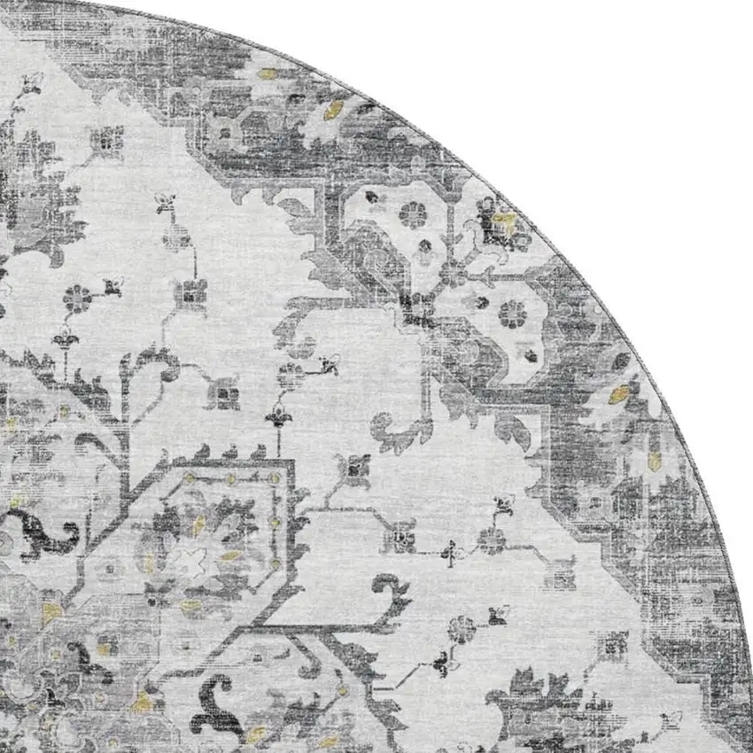 8' Light Gray Ivory And Gold Floral Medallion Washable Round Rug With UV Protection Photo 4
