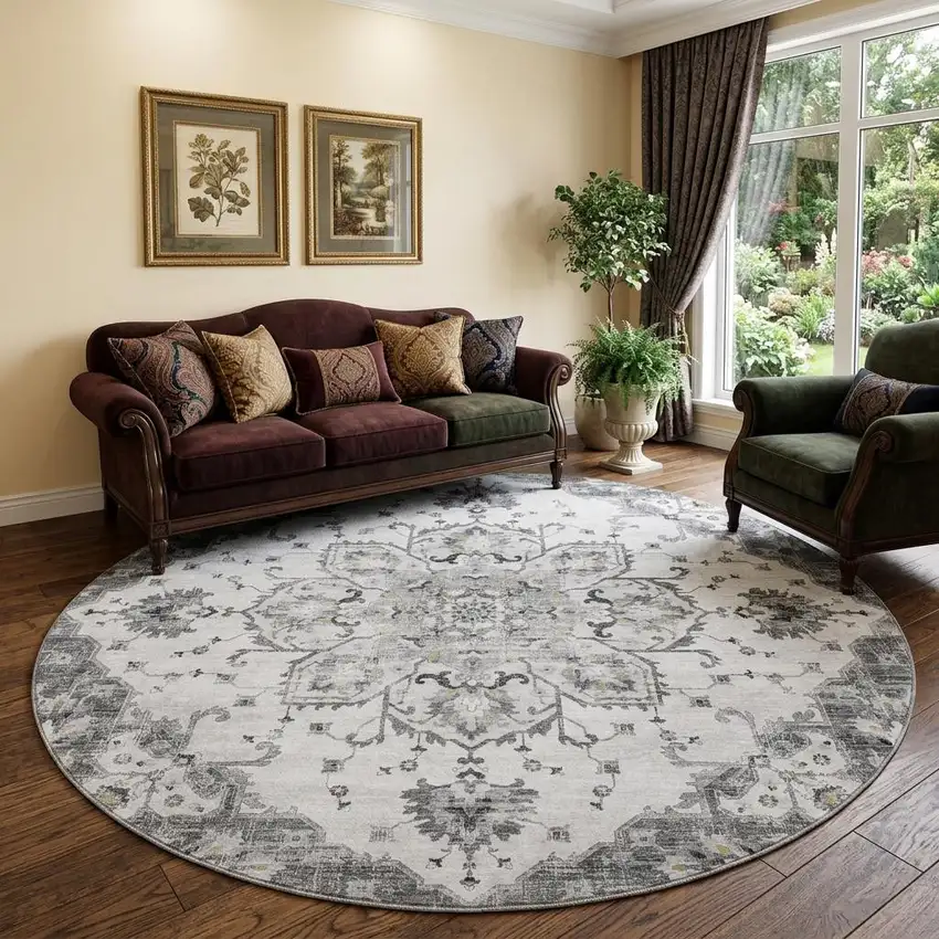 8' Light Gray Ivory And Gold Floral Medallion Distressed Washable Round Rug With UV Protection Photo 1