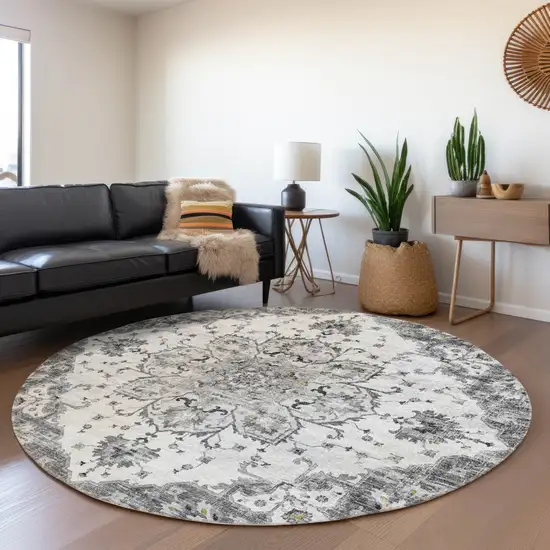 8' Light Gray Ivory And Gold Floral Medallion Washable Round Rug With UV Protection Photo 6