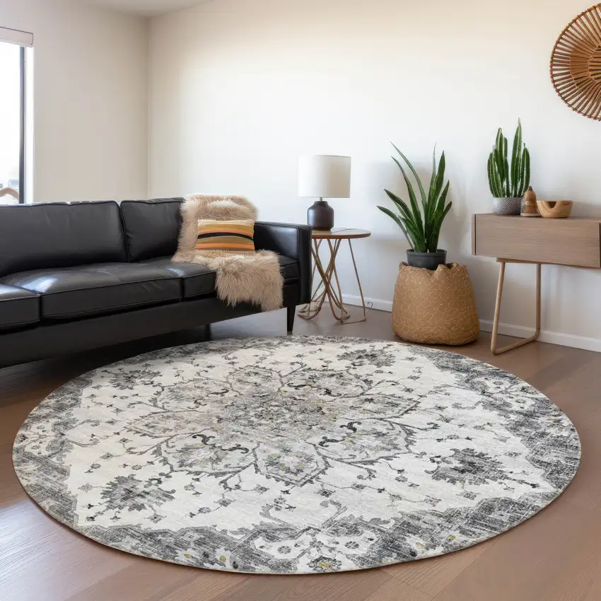 8' Light Gray Ivory And Gold Floral Medallion Washable Round Rug With UV Protection Photo 6