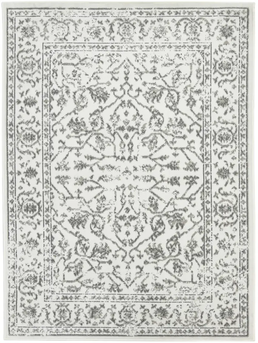 8' Light Gray Round Floral Power Loom Area Rug With Fringe Photo 1