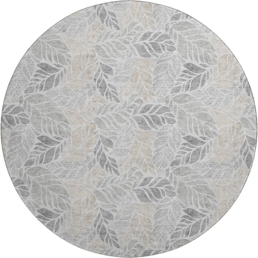 8' Light Gray Taupe And Charcoal Geometric Washable Round Rug With UV Protection Photo 2