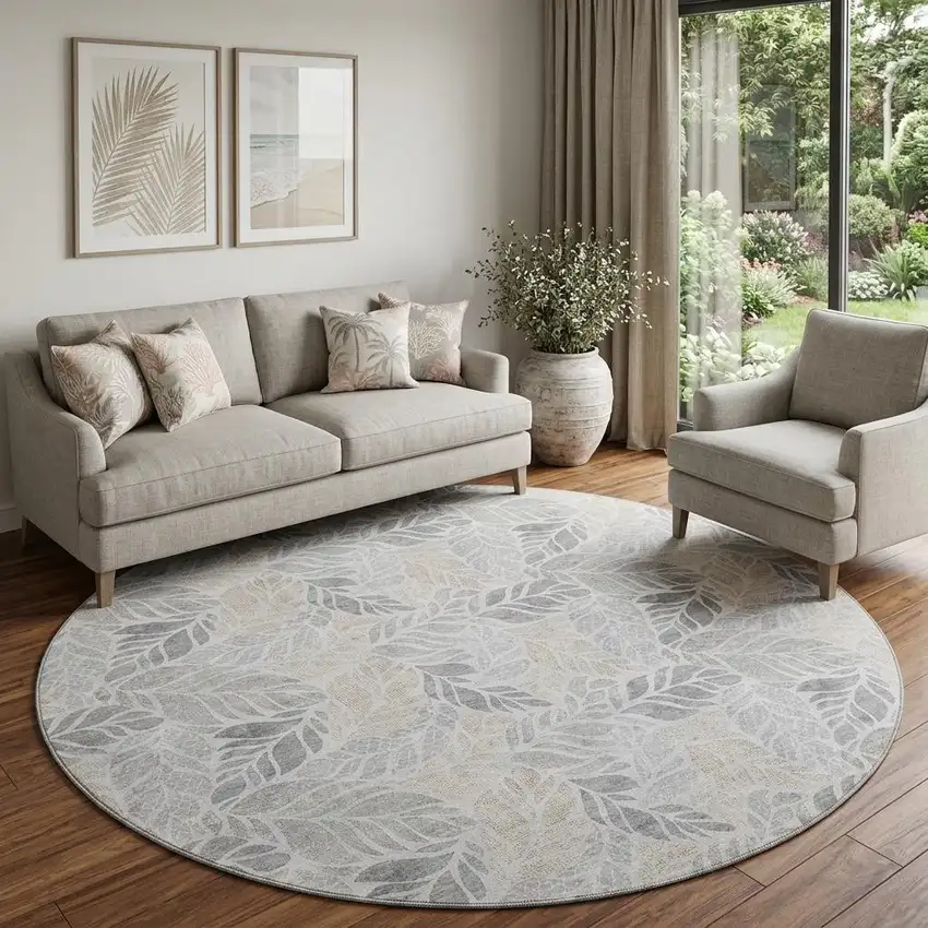 8' Light Gray Taupe And Charcoal Tropical Botanical Distressed Washable Round Rug With UV Protection Photo 1