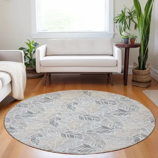 8' Light Gray Taupe And Charcoal Geometric Washable Round Rug With UV Protection Photo 6
