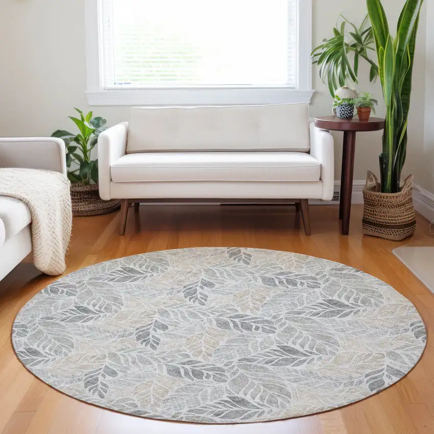 8' Light Gray Taupe And Charcoal Geometric Washable Round Rug With UV Protection Photo 6