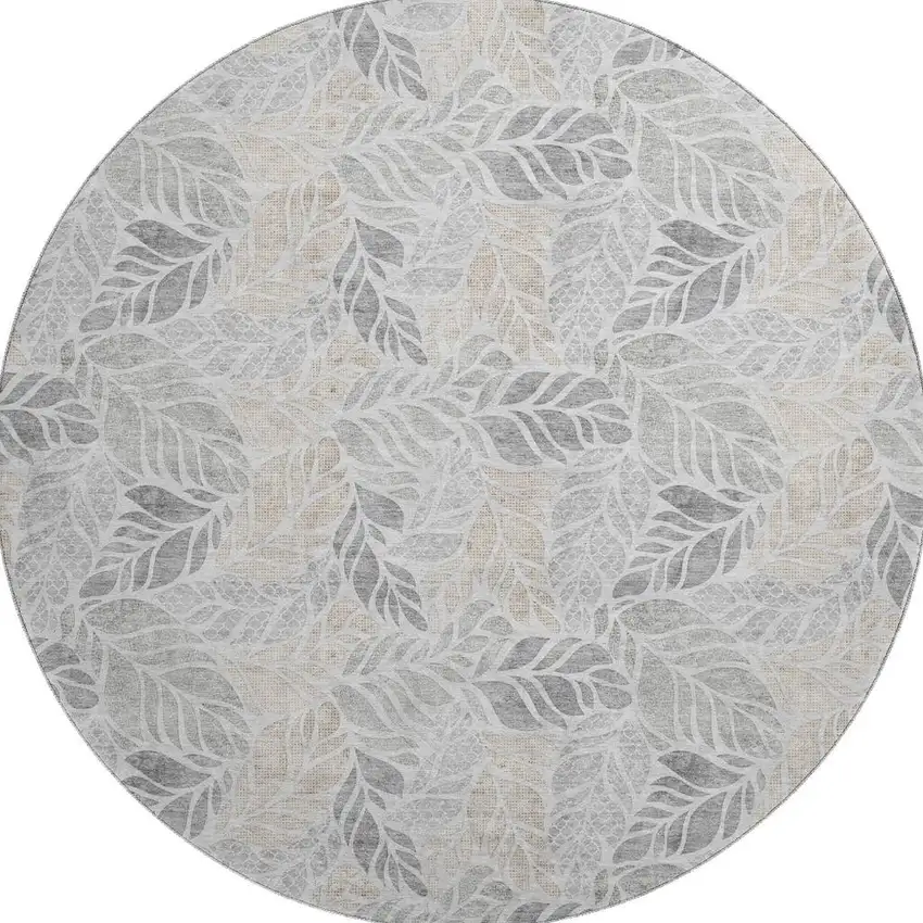 8' Light Gray Taupe And Charcoal Geometric Washable Round Rug With UV Protection Photo 5