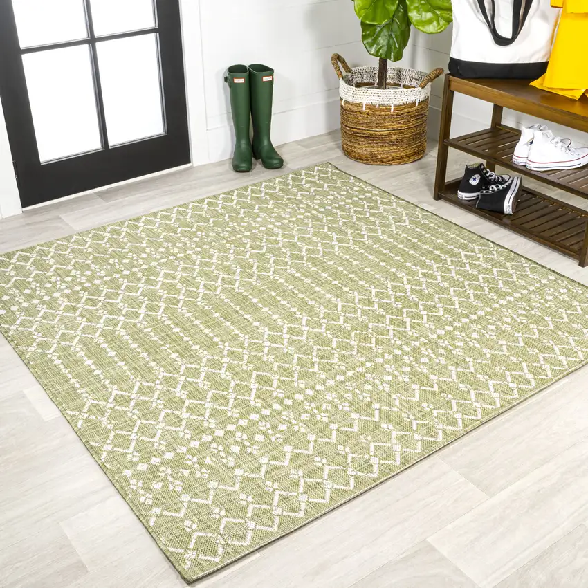 5' Light Green And Cream Square Trellis Indoor Outdoor Area Rug Photo 2