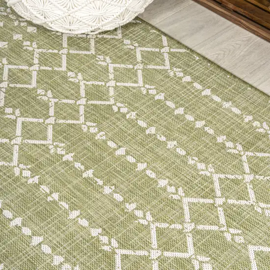 10' Light Green And Cream Trellis Indoor Outdoor Runner Rug Photo 6
