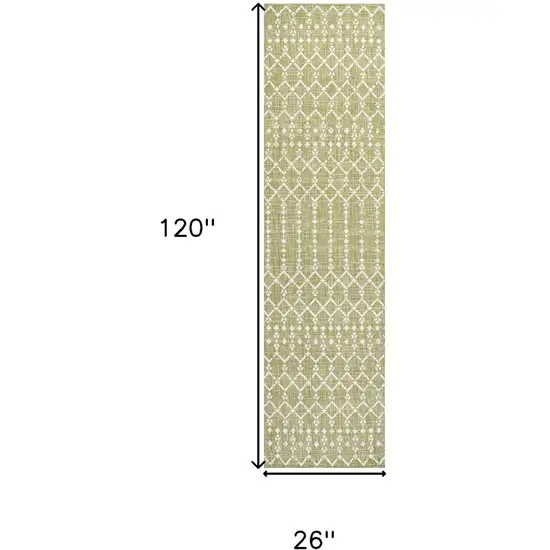 10' Light Green And Cream Trellis Indoor Outdoor Runner Rug Photo 7