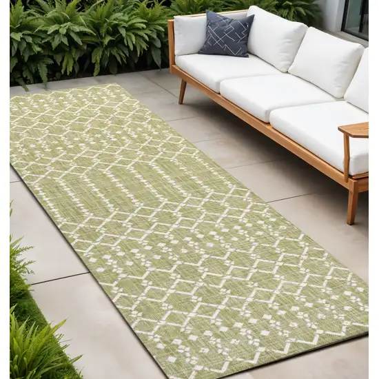 10' Light Green And Cream Trellis Indoor Outdoor Runner Rug Photo 1
