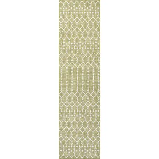 8' Light Green And Cream Trellis Indoor Outdoor Runner Rug Photo 3