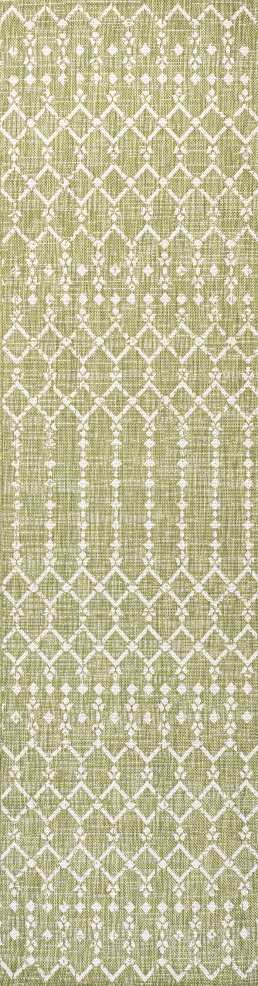 8' Light Green And Cream Trellis Indoor Outdoor Runner Rug Photo 3