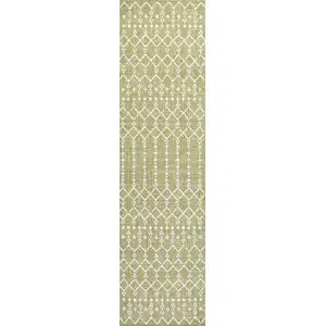 Photo of 8' Light Green And Cream Trellis Indoor Outdoor Runner Rug