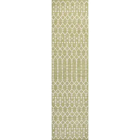 8' Light Green And Cream Trellis Indoor Outdoor Runner Rug Photo 1