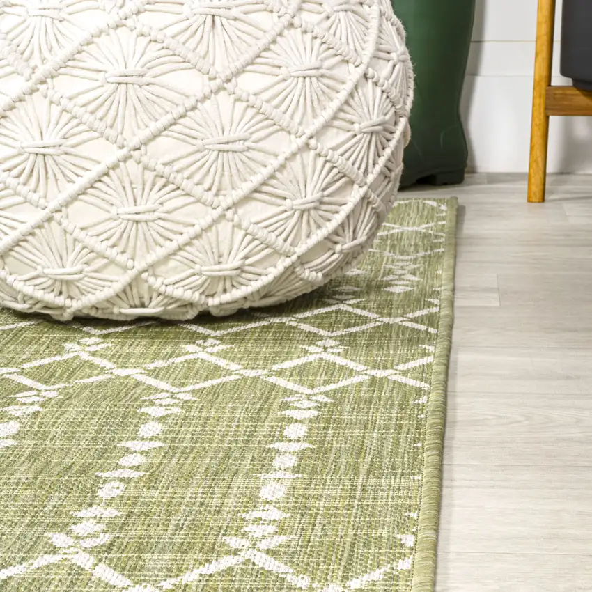 8' Light Green And Cream Trellis Indoor Outdoor Runner Rug Photo 7