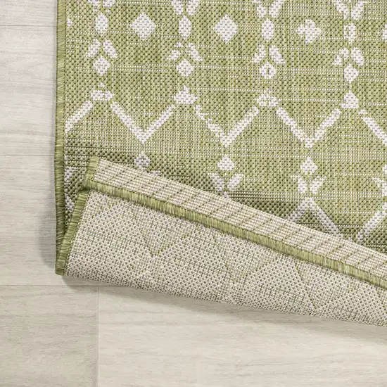 8' Light Green And Cream Trellis Indoor Outdoor Runner Rug Photo 9