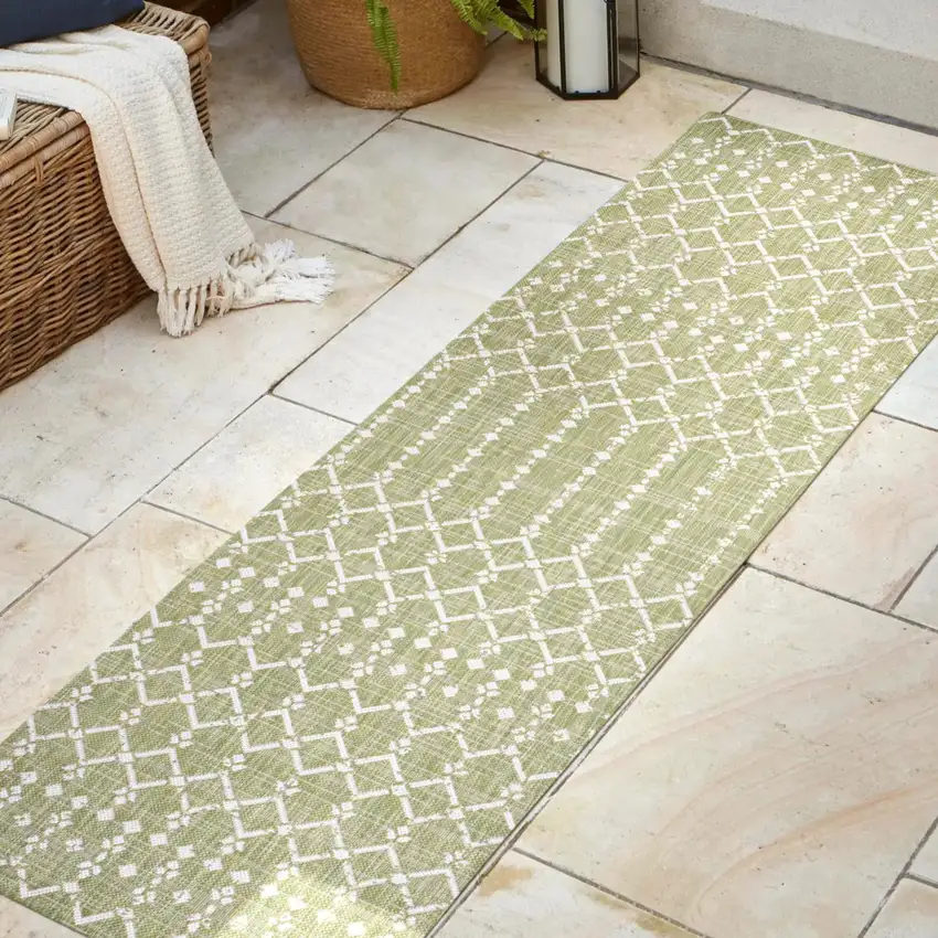 8' Light Green And Cream Trellis Indoor Outdoor Runner Rug Photo 5