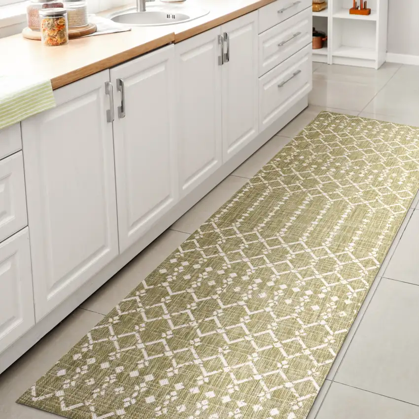 8' Light Green And Cream Trellis Indoor Outdoor Runner Rug Photo 6