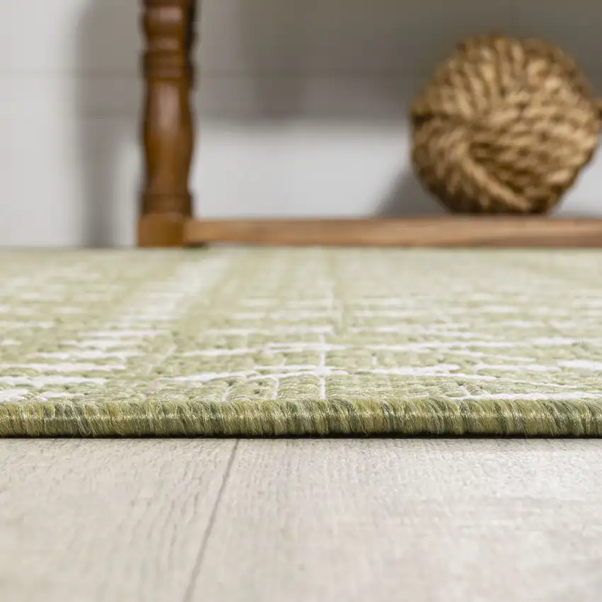 8' Light Green And Cream Trellis Indoor Outdoor Runner Rug Photo 9