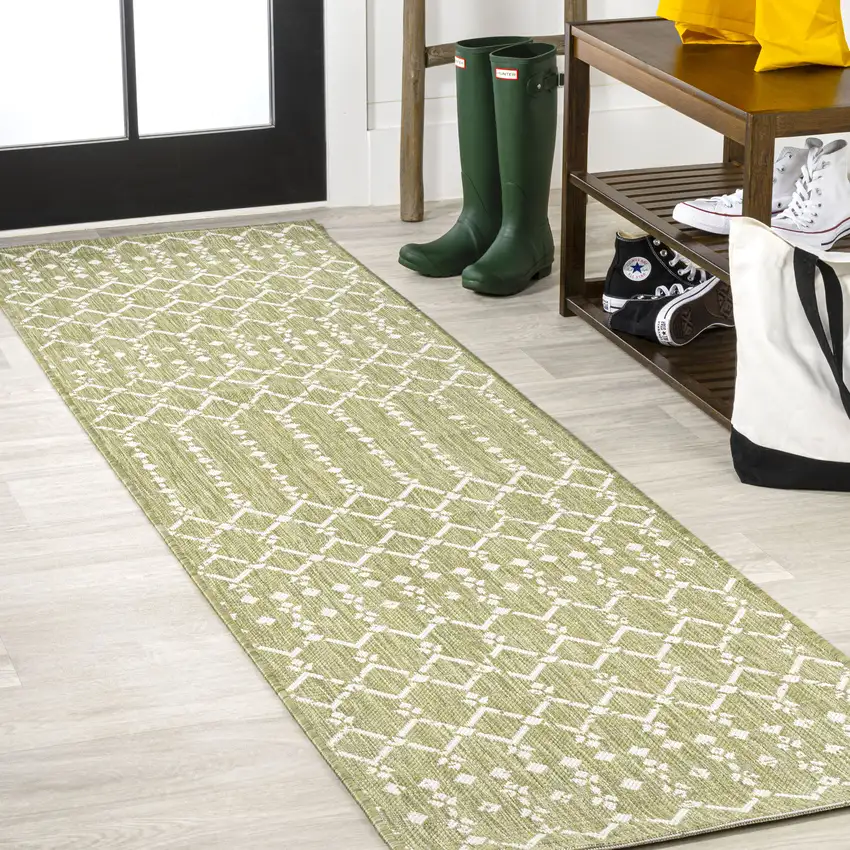 8' Light Green And Cream Trellis Indoor Outdoor Runner Rug Photo 4