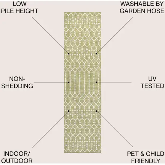 8' Light Green And Cream Trellis Indoor Outdoor Runner Rug Photo 8