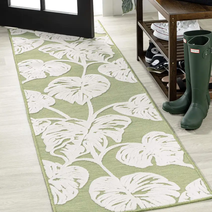 8' Light Green And Ivory Floral Indoor Outdoor Runner Rug Photo 4