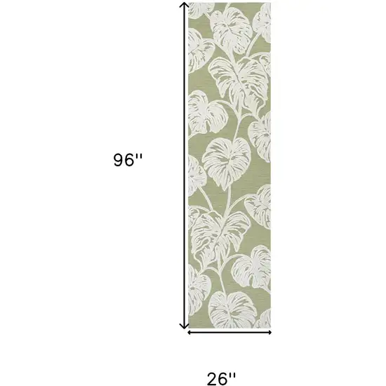8' Light Green And Ivory Floral Indoor Outdoor Runner Rug Photo 8