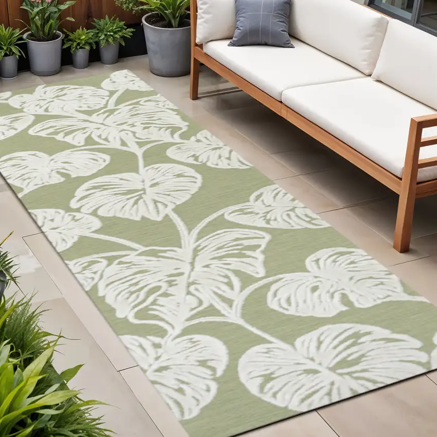 8' Light Green And Ivory Floral Indoor Outdoor Runner Rug Photo 1